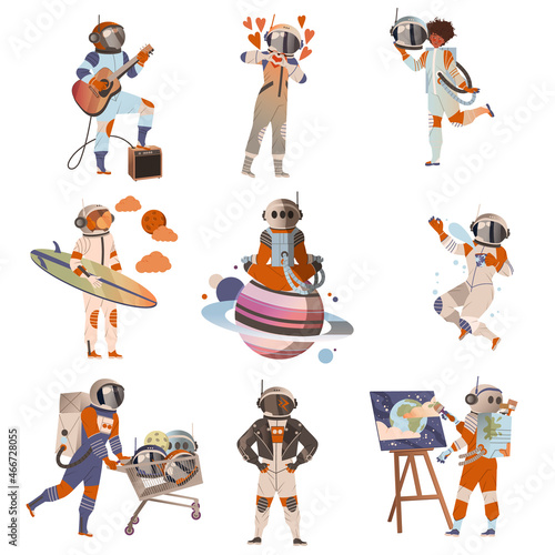 Spaceman or Astronaut in Space Suit on the Moon Playing Guitar and Painting Vector Set