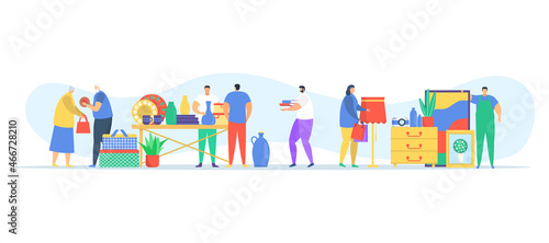 Urban marketplace concept, street bazaar with ancient things, technical stuff and clothing cartoon vector illustration, isolated on white.