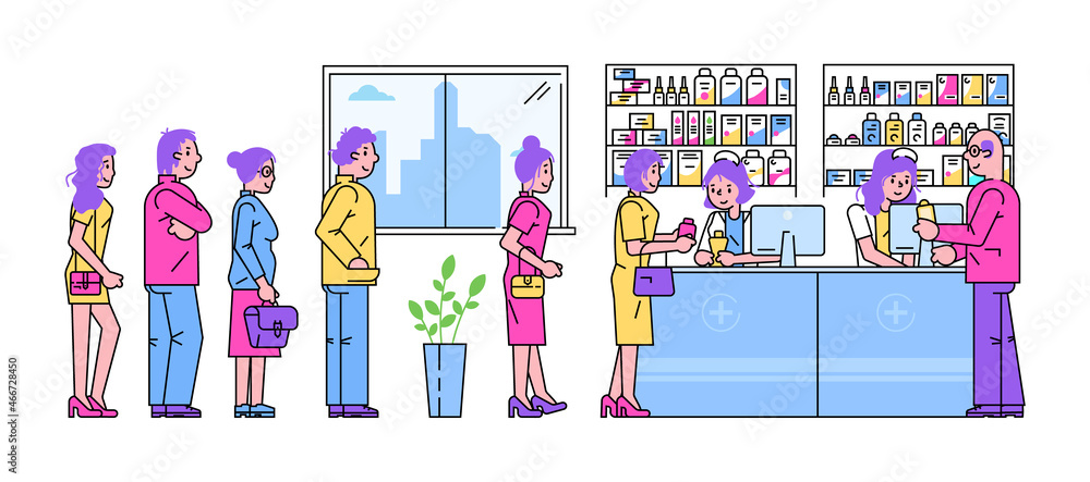 Fototapeta premium People together standing queue store, male female character buying foodstuff in supermarket line flat vector illustration, isolated on white.