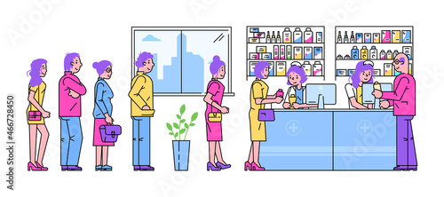 People together standing queue store, male female character buying foodstuff in supermarket line flat vector illustration, isolated on white.