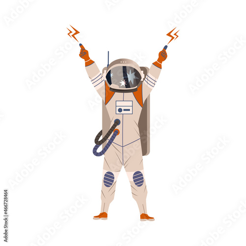 Spaceman or Astronaut Man Character in Space Suit on the Moon Standing with Raised Hands Vector Illustration