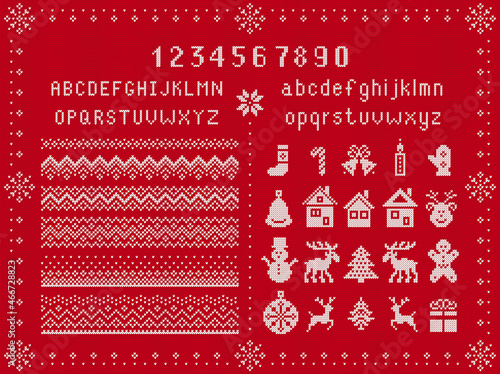 Knit elements and font. Christmas seamless borders. Knitted pattern. Red Xmas texture. Fairisle ornament with type, snowflake, deer, bell, tree, snowman, gift box. Sweater print. Vector illustration.