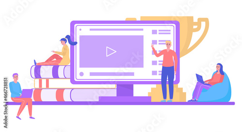 Concept online education play video on monitor, people character work remote laptop cartoon vector illustration, isolated on white.