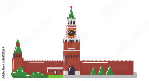 Moscow kremlin building, concept world famous architectural landmark, old construction flat vector illustration, isolated on white.