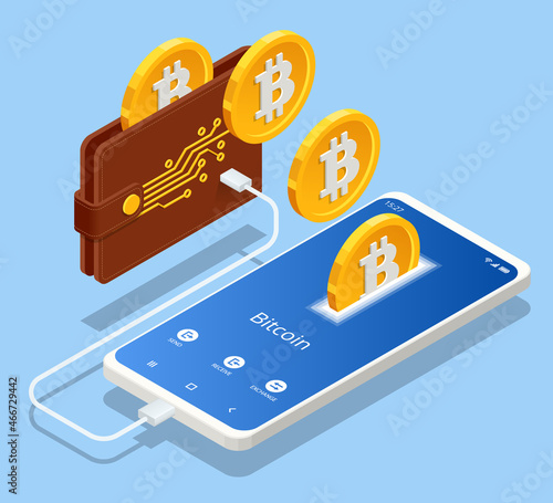 Isometric Digital Wallet technology for cryptocurrency bitcoin. Digital wallet application on mobile