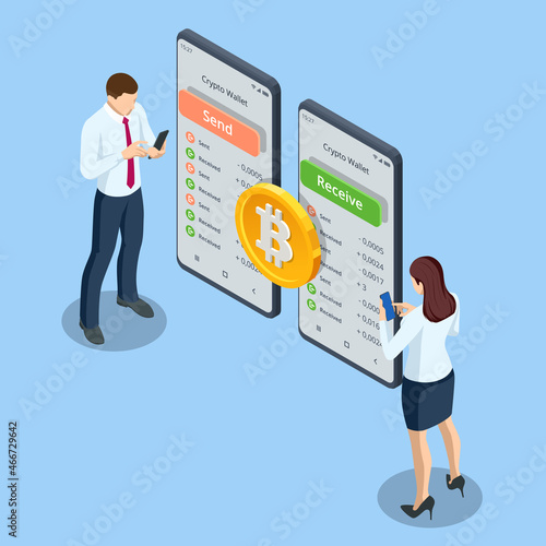 Isometric Digital Wallet technology for cryptocurrency bitcoin. Digital wallet application on mobile