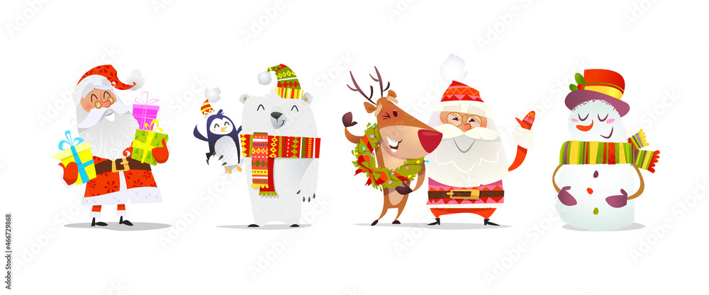 Merry Christmas cartoon characters set of cute Santa Claus, Polar bear, Reindeer, gift box and Snowman - isolated vector Merry Christmas cartoon characters set of cute Santa Claus, Polar bear, Reindeer, gift box and Snowman - isolated vector