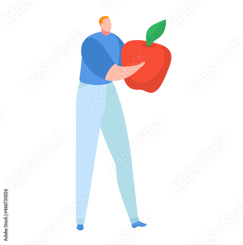 Tiny man character in hand hold juicy apple, male carry ecology organic veget...