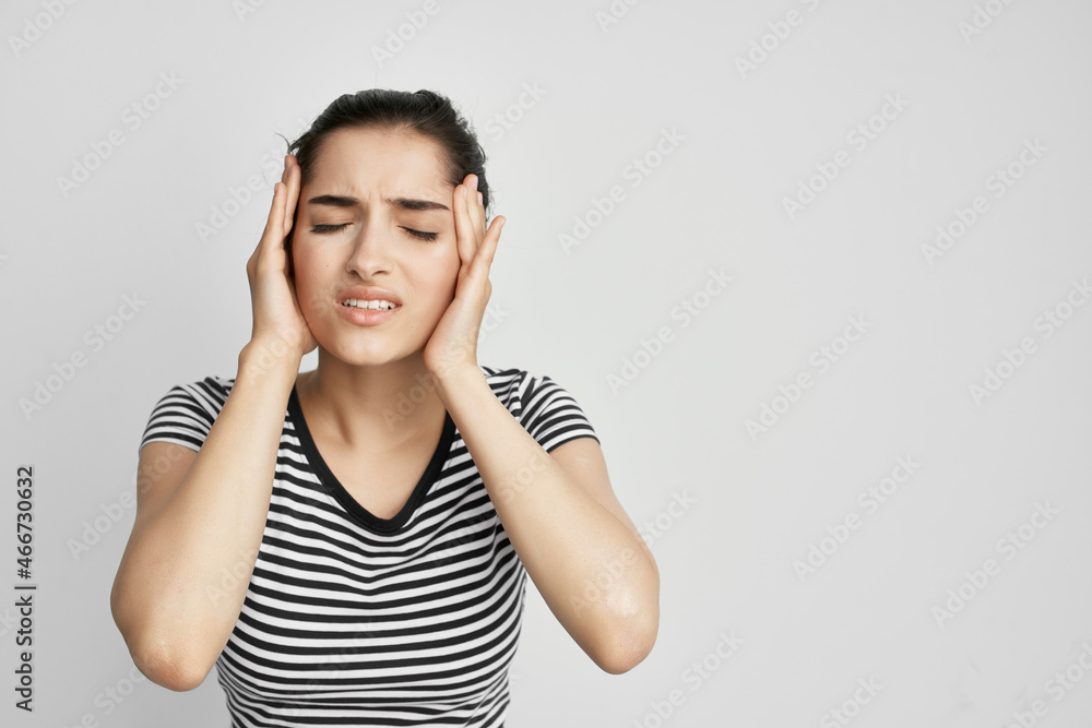 sick woman holding his head migraine depression isolated background sick woman holding his head migraine depression isolated background