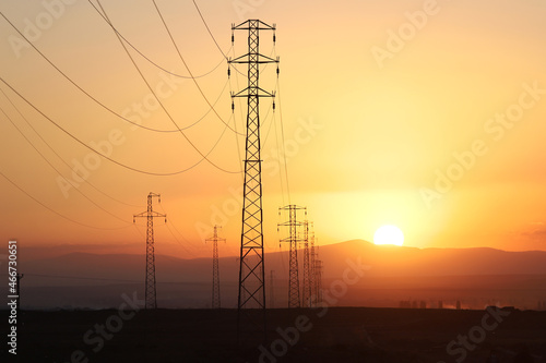 High voltage power lines with amazing sunset.turkey