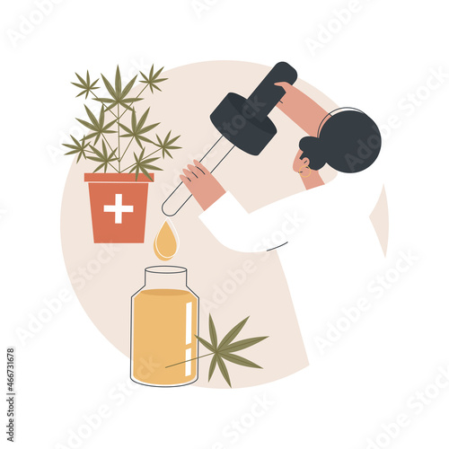 Hemp seed oil abstract concept vector illustration. CBD oil use, cannabis sativa plant pharmacy, fatty acid, human health, pain and inflammation relief, dietary supplement abstract metaphor.