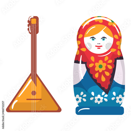 Russian slovenian culture icon, matryoshka and balalaika stuff historical ancient, old culture cartoon vector illustration, isolated on white.