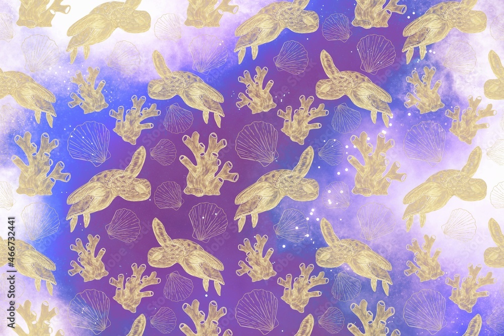 Patterns of gold decorative illustrations on a marine theme against the background of the cosmic sky and the milky Way in a violet-blue shade Patterns of gold decorative illustrations on a marine theme against the background of the cosmic sky and the milky Way in a violet-blue shade