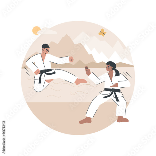 Karate camp abstract concept vector illustration. Karate summer camp, vacation program, holiday activity, kids club, fighting sport section, martial arts children competition abstract metaphor.