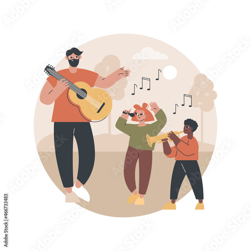Musical camp abstract concept vector illustration. Young music talent, musical summer camp, singing course, playing instrument, final live performance, daily rehearsal on stage abstract metaphor.
