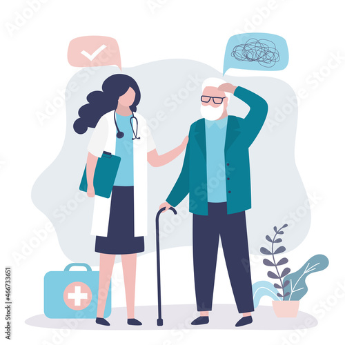 Nurse helps elderly man with Alzheimer's. Grandfather thoughts get confused and memories forgotten
