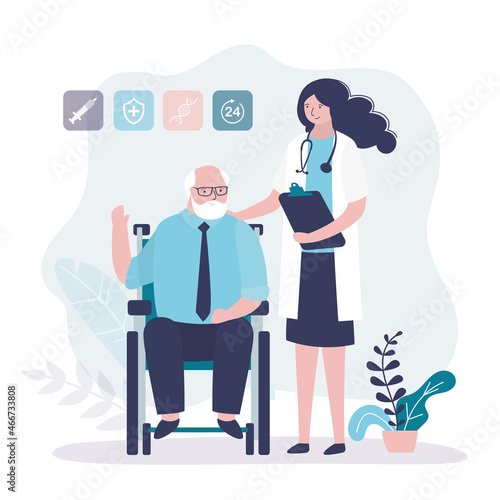 Professional specialist helps elderly man with disability. Medical worker supports grandfather during rehabilitation