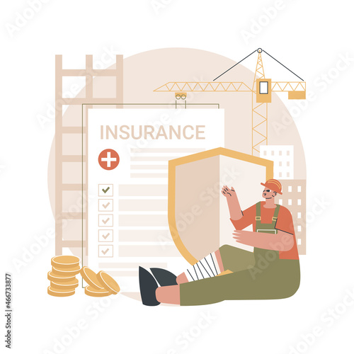 Occupational accident insurance abstract concept vector illustration. Occupational insurance coverage, industrial accident, broken leg, employee health, worker injury, builder abstract metaphor.