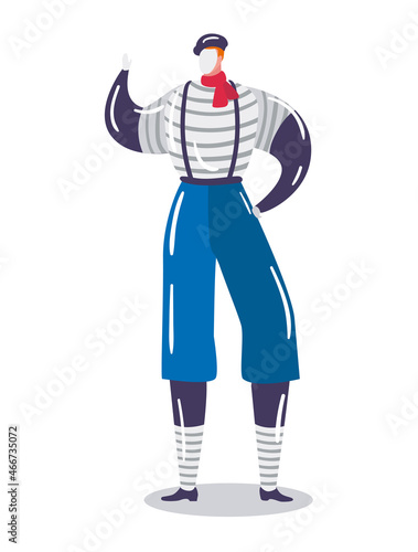 Man character concept pantomime, french male mime sign language standing cartoon vector illustration, isolated on white.