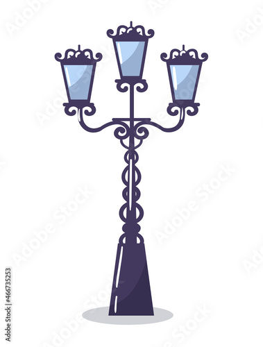 Concept cast iron street lamp, historical architecture carved lantern, medieval construction flat vector illustration, isolated on white.