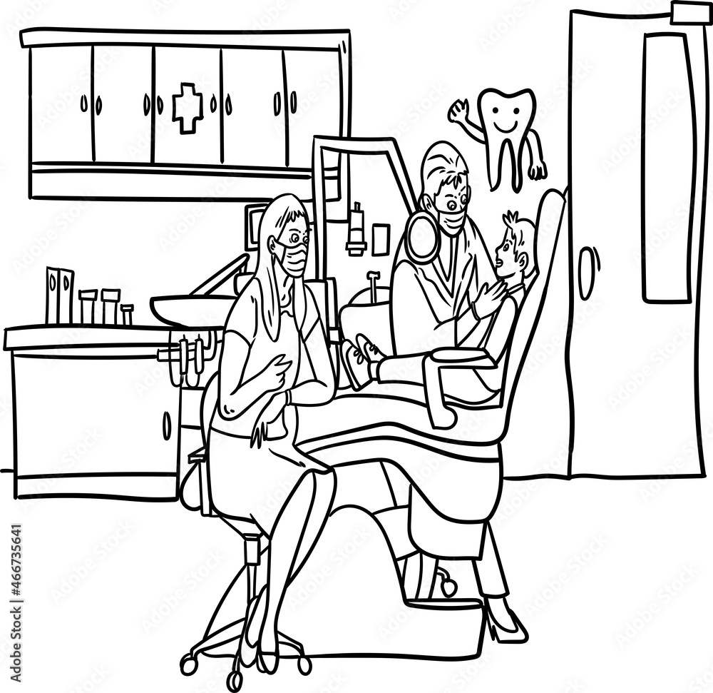 Coloring book for Kids. The dentist is putting braces on a little boy ...