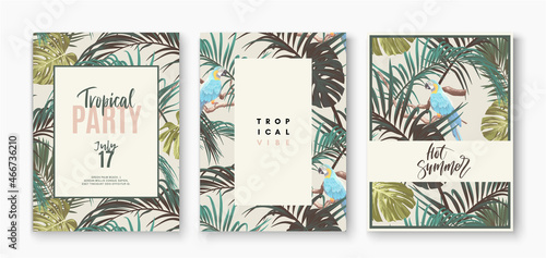 Set of tropical summer postcards with palm leaves.