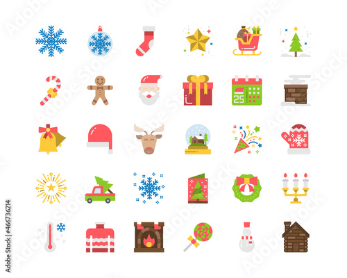 Christmas Icons Flat Color Vector Illustration, snowflake, candy, sleigh, christmas day