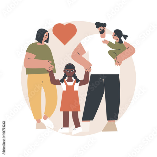 Caring adoptive fathers abstract concept vector illustration. Foster care, father in adoption, happy interracial family, having fun, together at home, childless couple abstract metaphor.