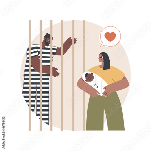 Dads in prison abstract concept vector illustration. Fathers in prison, family instability, incarcerated dad, hand in jail, striped costumes, in court, child visiting relative abstract metaphor.