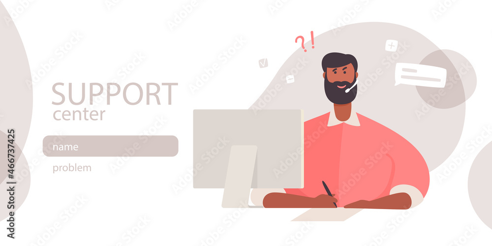 Support center web banner template. Vector flat character sitting in front of the computer and answering with a microphone.
