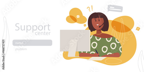 Customer support web banner template. Vector flat character sitting in front of the computer and answering with a microphone.