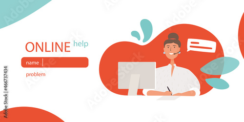 Online help web banner template. Vector flat character sitting in front of the computer and answering with a microphone.