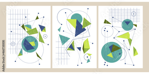 A set of three colorful aesthetic geometric backgrounds. Minimalist social media posters, cover designs, web, home decor. Vintage graphic illustrations with shapes, curves, lines, rectangles.