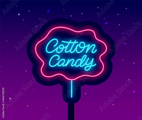 Cotton candy neon lettering street billboard. Sweet shop label. Cake store. Isolated vector stock illustration