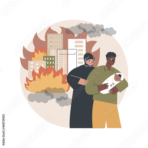 Forced migration abstract concept vector illustration. Movement of people, forced displacement, refugee group, run from war, travelling with bags, return home, displaced persons abstract metaphor.