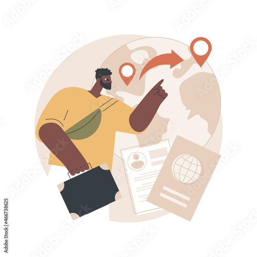 Emigration abstract concept vector illustration. Leaving a resident country, movement of people, emigrate from homeland, departure, foreign residence, man with suitcases abstract metaphor.