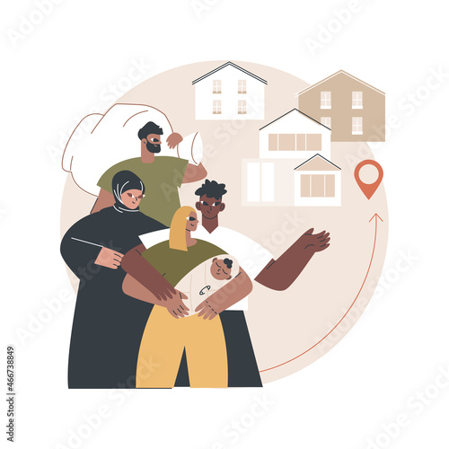 Resettlement of persons abstract concept vector illustration. Resettlement, refugee camp, displaced persons, movement of people, big crowd, bag and suitcases, new home abstract metaphor.