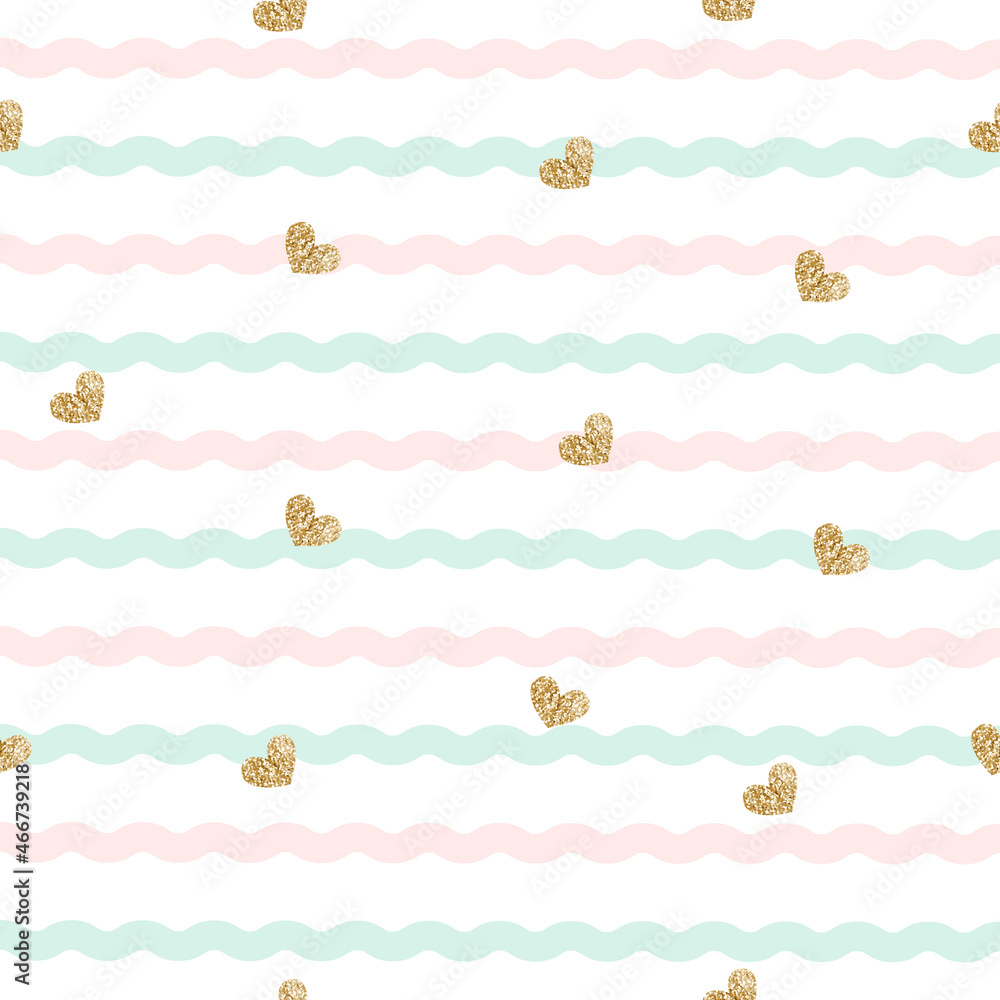 Gold glittering heart seamless pattern on pastel wavy line background  seamless patterns. Design template card, wallpaper, wrapping, textile, fabric etc Vector Illustration