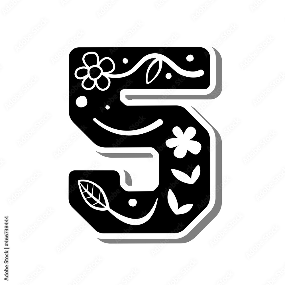 Cute number '5' with doodle flowers, leaves and dots on white silhouette and gray shadow. Lovely letter design for decoration. Vector Illustration about lettering. Cute number '5' with doodle flowers, leaves and dots on white silhouette and gray shadow. Lovely letter design for decoration. Vector Illustration about lettering.