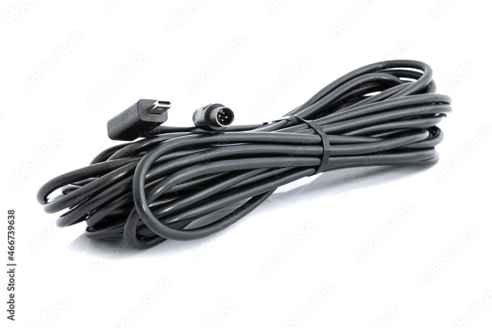 USB Micro power cable, Car DVR camera extension cable 4pin for vehicle rear view camera video monitor isolated on white background. USB Micro power cable, Car DVR camera extension cable 4pin for vehicle rear view camera video monitor isolated on white background.