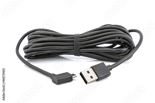 USB A to USB Micro high quality generic black color, USB data cable compatible with all mobile phones or USB devices including on isolated white blackgrofund.