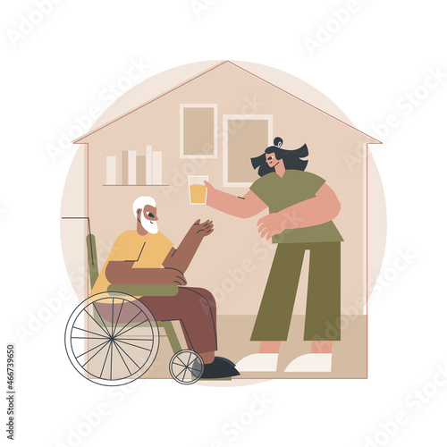 Care of the disabled abstract concept vector illustration. Disability care, downs syndrome, senior on wheelchair, help for old people, professional home nursing services abstract metaphor.