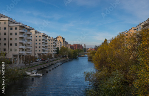 The channel Klara Sjö with apartments and offices in Stockholm an color full autumn day in Stockholm © Hans Baath