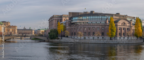 View of the Swedish Parliament House and the bridge Riksbron at the Opera and the house of The Ministry for Foreign Affairs an autumn day I Stockholm
