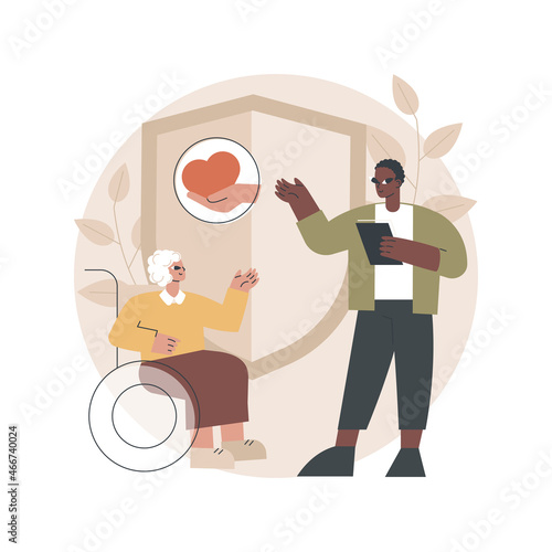 Social assistance abstract concept vector illustration. Social services workers, low income, care about seniors, volunteer help, home nursing, caregiver support, disabled person abstract metaphor.