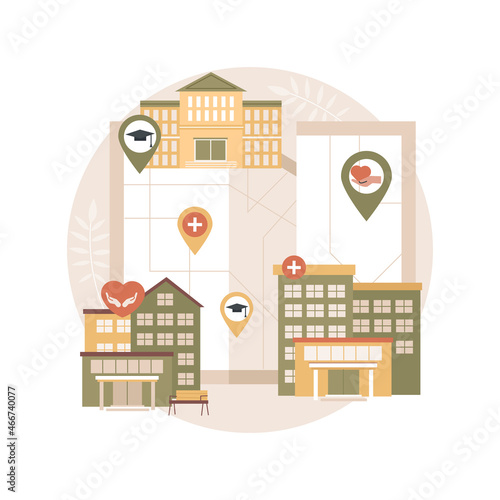 Social facilities abstract concept vector illustration. Social services work, health care centres, education schools, fire brigade station, maternity home, community halls abstract metaphor.