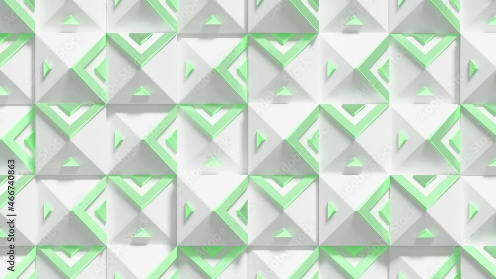 Abstract Decorative Pattern Loop 1 Green x White. Grid of square pyramids with sculpted triangle shapes, in bright matte white and mint green. Beautiful background. Seamless loop.
Abstract Decorative Pattern Loop 1 Green x White. Grid of square pyramids with sculpted triangle shapes, in bright matte white and mint green. Beautiful background. Seamless loop.