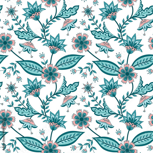 Flower chintz indian pattern seamless vector. Botanical batik paisley background. Bohemian floral print design for home textile, wallpaper, clothing, wrapping paper.