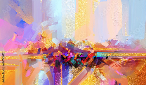 Fototapeta Naklejka Na Ścianę i Meble -  Modern abstract art. Oil painting - acrylic colorful on canvas texture for wallpaper. Hand paint brush stroke with yellow, gold and blue color. Artwork creative design, grunge textured for background