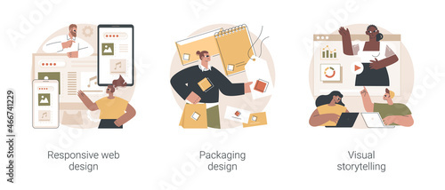 Design services abstract concept vector illustration set. Responsive web design, packaging brand guidelines and logo, visual storytelling, UI and UX, website frontend development abstract metaphor.